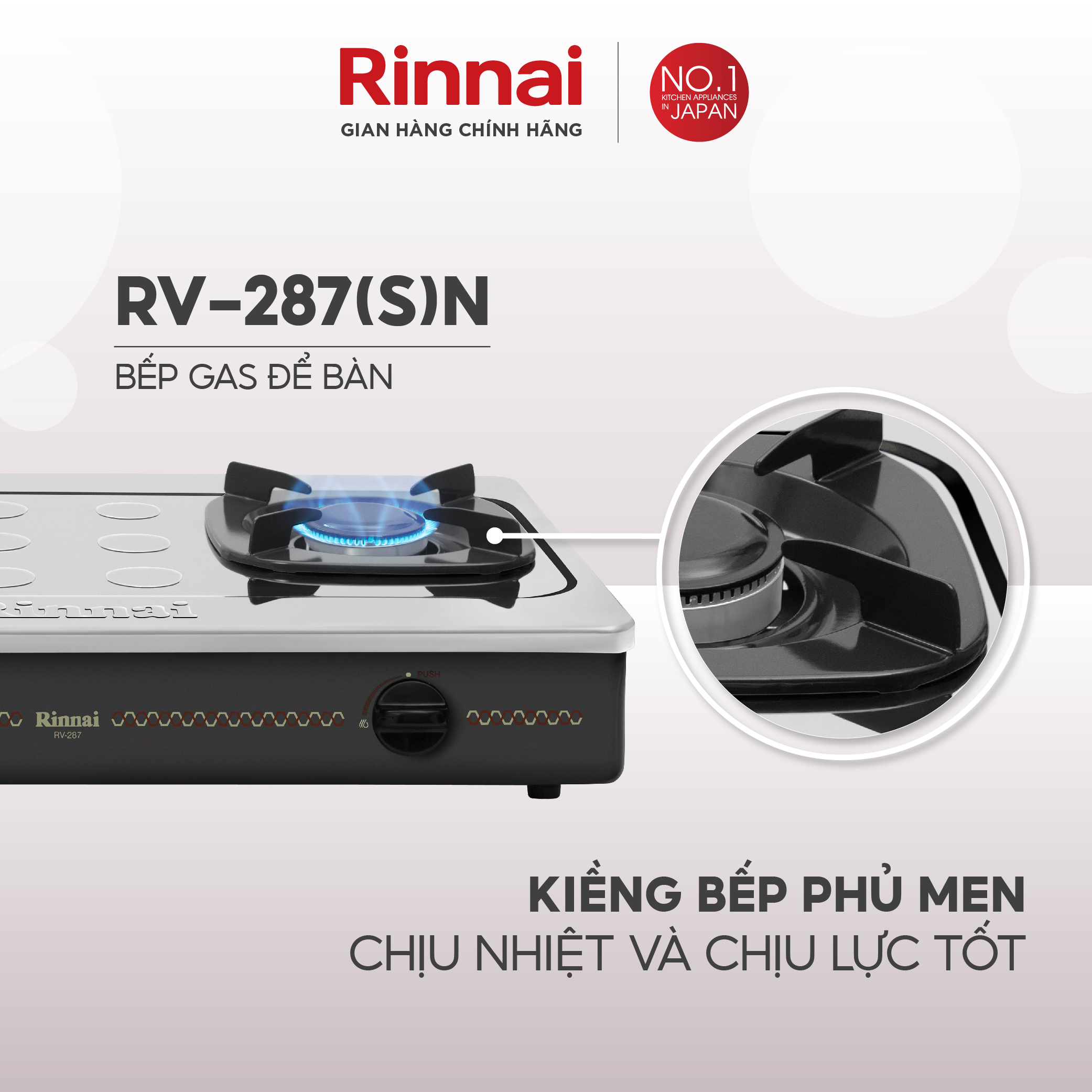 Bếp gas dương Rinnai RV-287(S)N mặt bếp inox và kiềng bếp men - Hàng chính hãng.