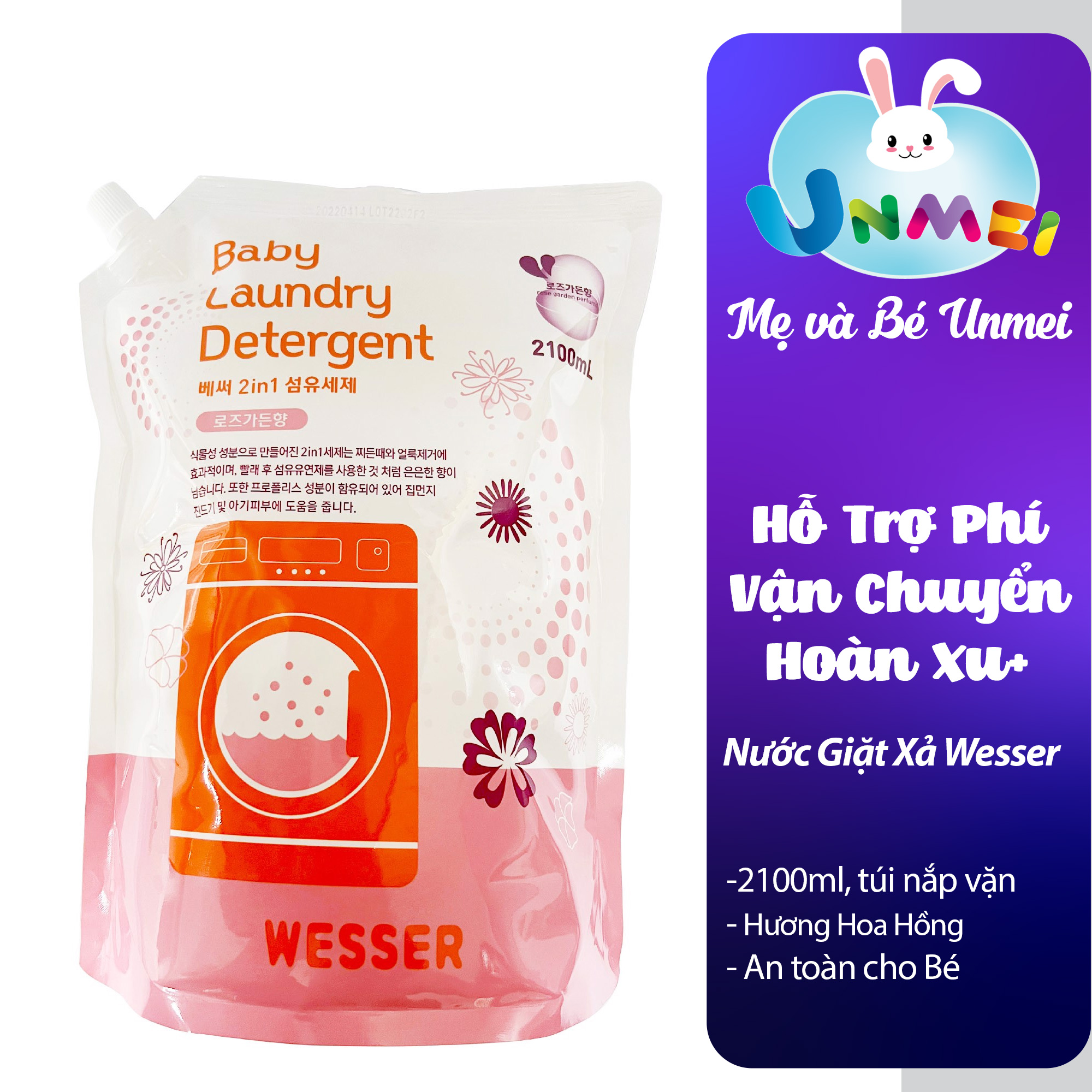 Nước Giặt Xả Wesser Hương Hoa Hồng - Dạng Túi Tiết Kiệm Dung Tích 2100ml - Tặng 1 khăn Sữa Unmei