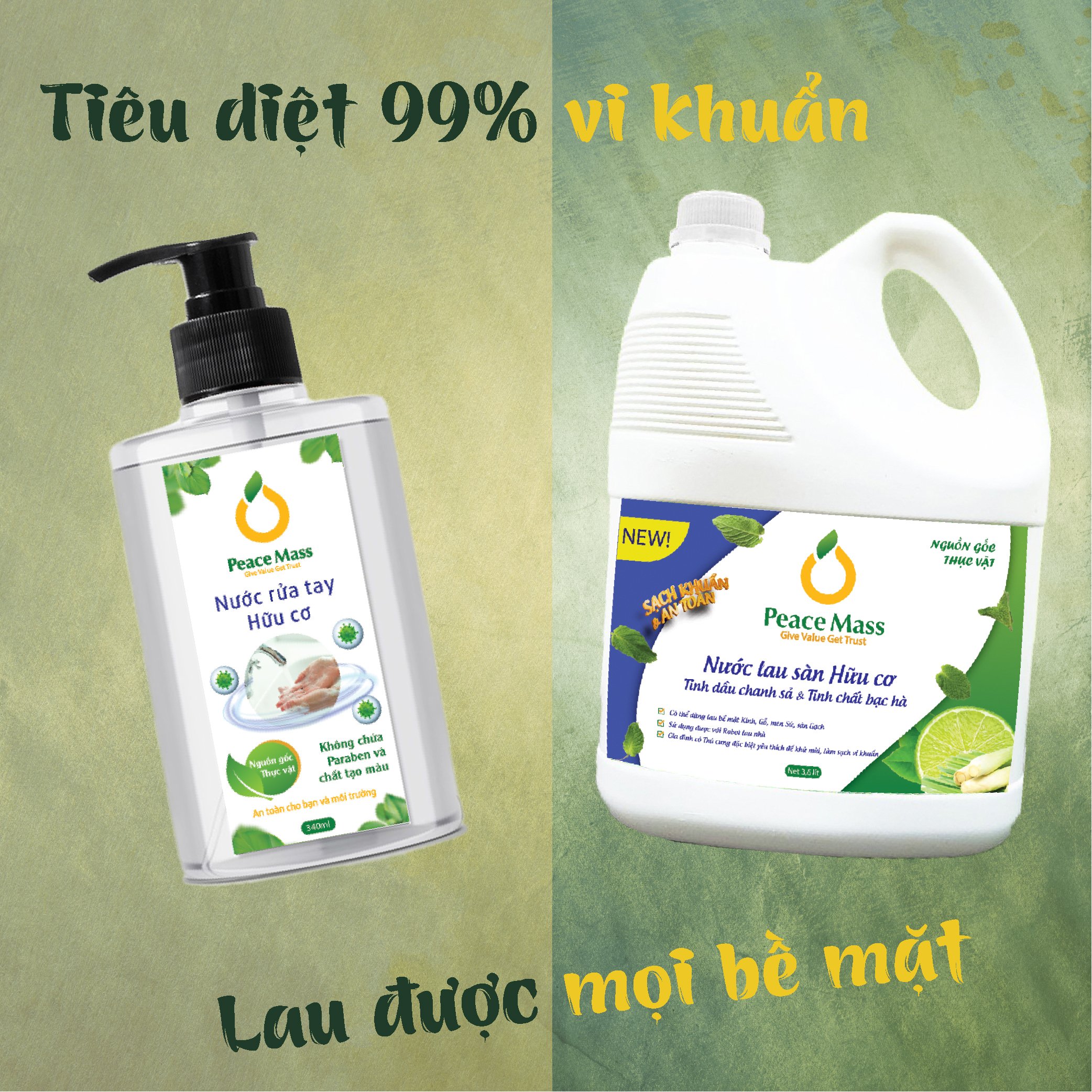 Combo Sản Phẩm Gốc Thực Vật LSB2 Peace Mass - Nước Lau Sàn TD Chanh Sả - Bạc Hà 3.6l + Nước Rửa Tay 340ml