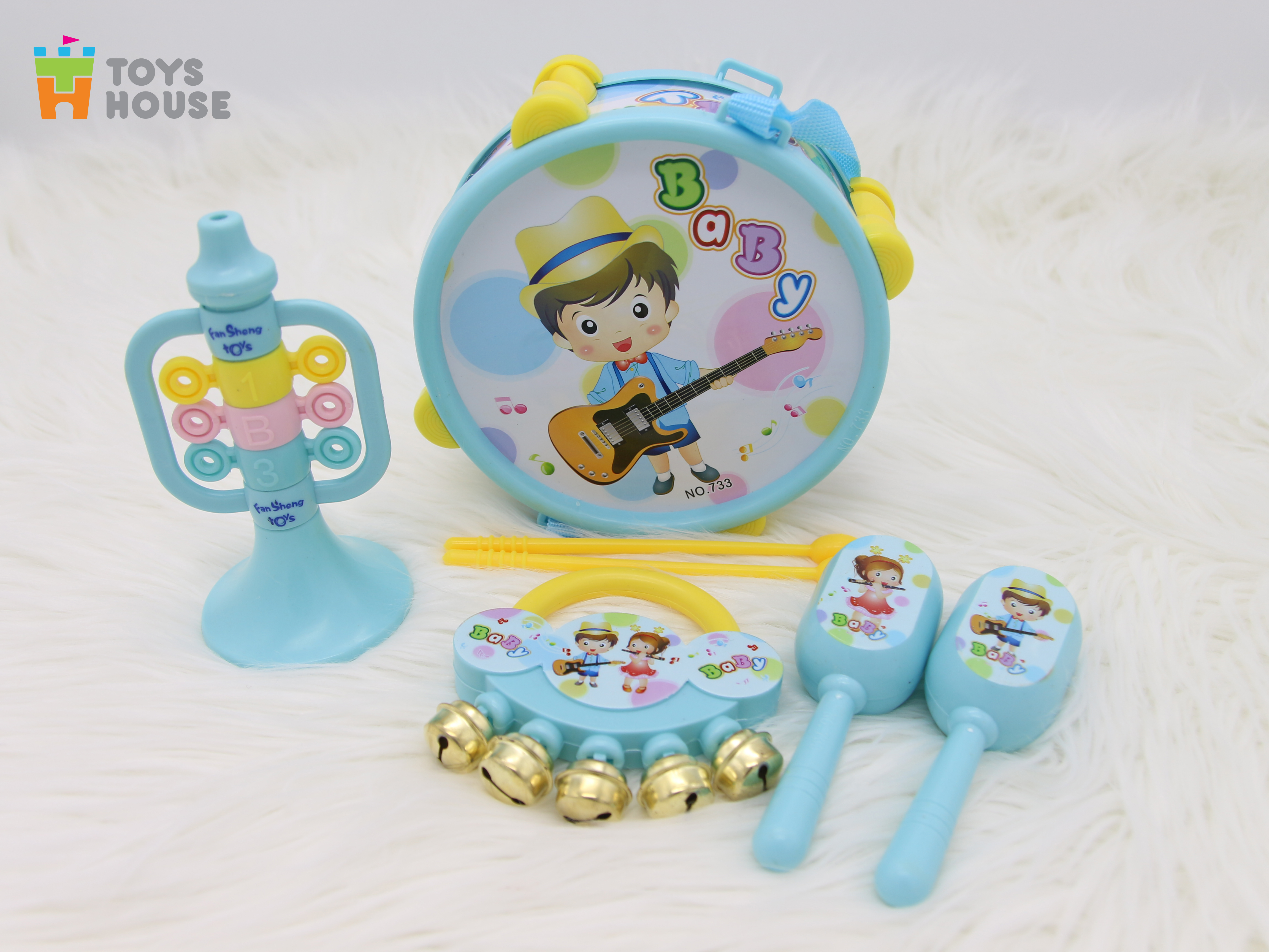 Set đồ chơi Xúc xắc, lục lạc, kèn, trống Toyshouse dành cho bé từ sơ sinh TH1220-733A-53 - giúp bé phát triển thị giác, thính