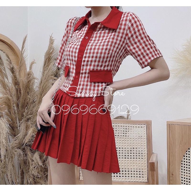 Set đồ bộ áo caro chân váy xếp ly - Đầm thiết kế