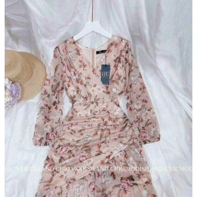 ĐẦM HOA LỤA CỔ CHỮ V NHÚN TẦNG