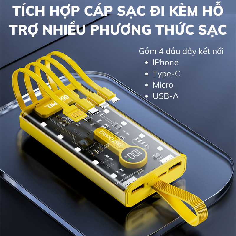 Sạc Dự Phòng HXSJ QT158 20000 mah Thiết Kế Trong Suốt, Tích Hợp Đèn Ngủ,Hỗ Trợ Sạc Nhanh, Pin dự phòng 120W - Hàng chính hãng