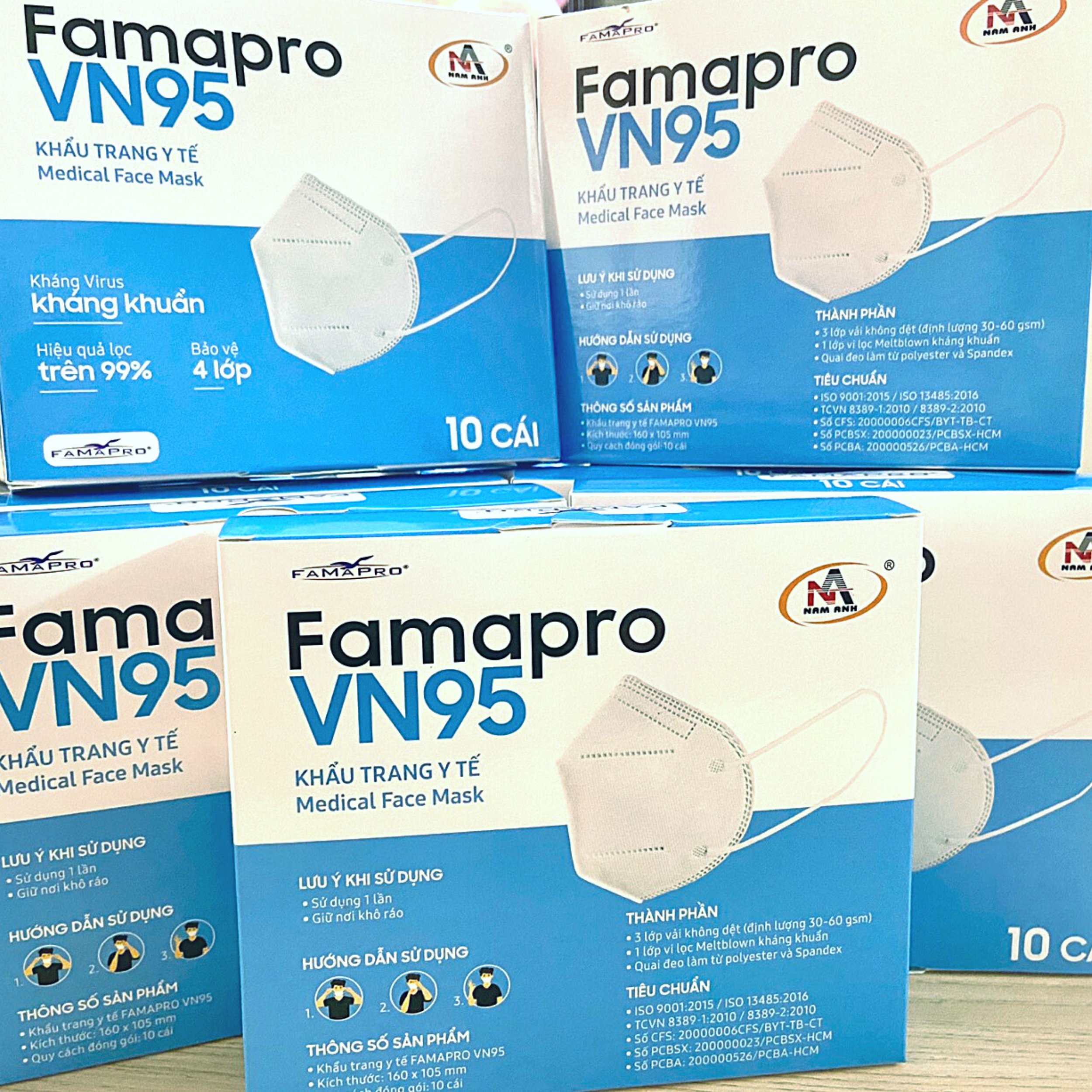 Chính hãng Nam Anh - Khẩu trang Famapro VN95 4 lớp màu trắng lọc bụi, kháng khuẩn (10 cái/hộp)