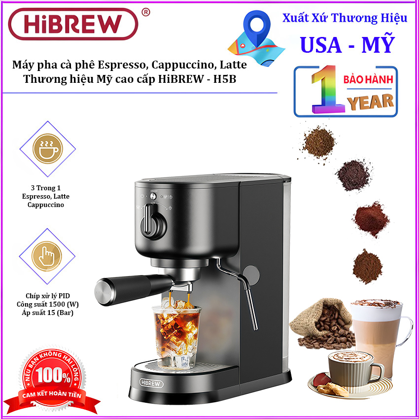Máy pha cà phê Espresso, Cappuccino, Latte. Thương hiệu Mỹ cao cấp HiBREW - H5B. HÀNG CHÍNH HÃNG