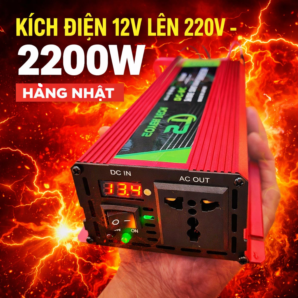 Kích Điện 12V Lên 220V 2200W – Hàng Nhật Cao Cấp, Sin Chuẩn Như Điện Nhà