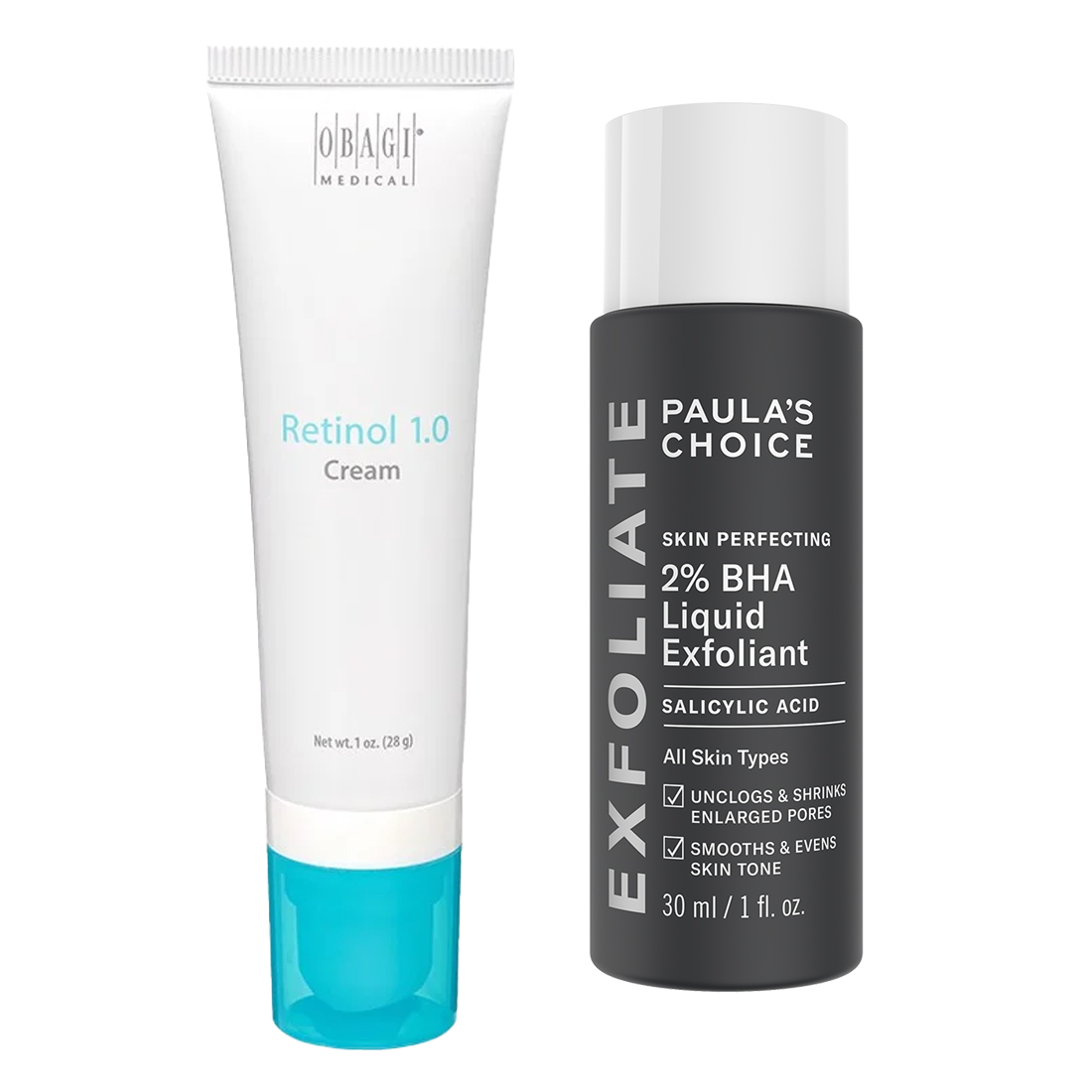 Combo Sản phẩm ngừa mụn, giảm thâm nám Obagi Retinol 1.0 (28g) + Paula's Choice Skin Perfecting 2% BHA Liquid (30ml)