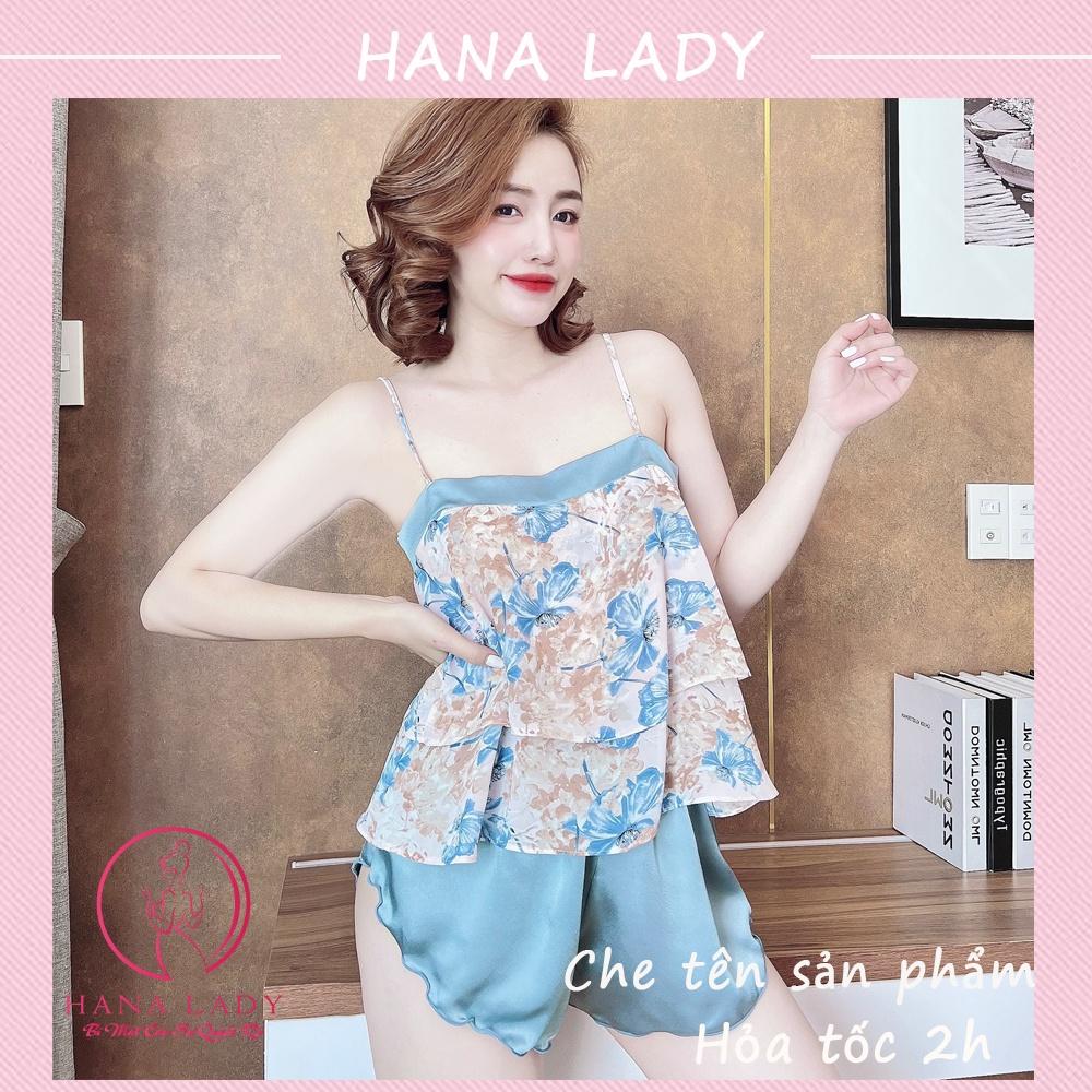 Bộ ngủ 2 dây hoa, đồ ngủ voan lụa họa tiết mặc nhà cao cấp VN500