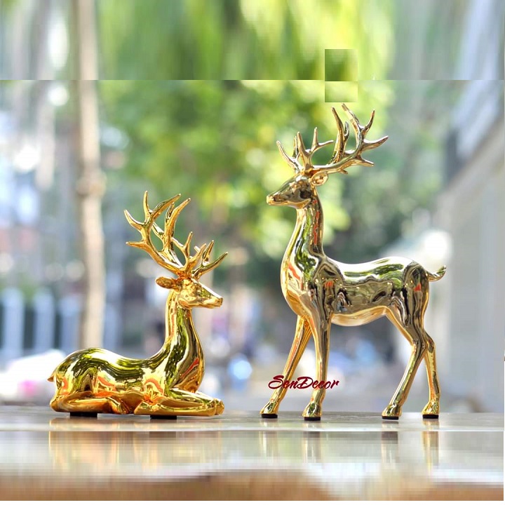 Bộ  Tượng Decor  Hươu  Vàng Và Quả Cầu Pha Lê Trang Trí Phong Thủy Hút Tài lộc 