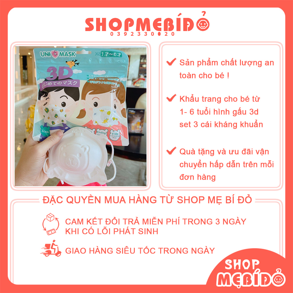 Set 3 chiếc Khẩu trang 3D hình gấu cho bé sơ sinh từ 0-3 tuổi