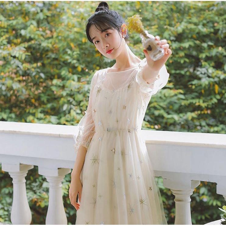 Đầm Ulzzang tiểu thư đính sao phong cách Hàn Quốc - BÁN GIÁ SỈ