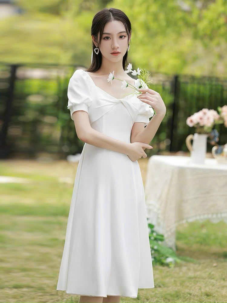 Đầm váy nữ dự tiệc đám cưới màu trắng tinh khiết trẻ trung nhẹ nhàng