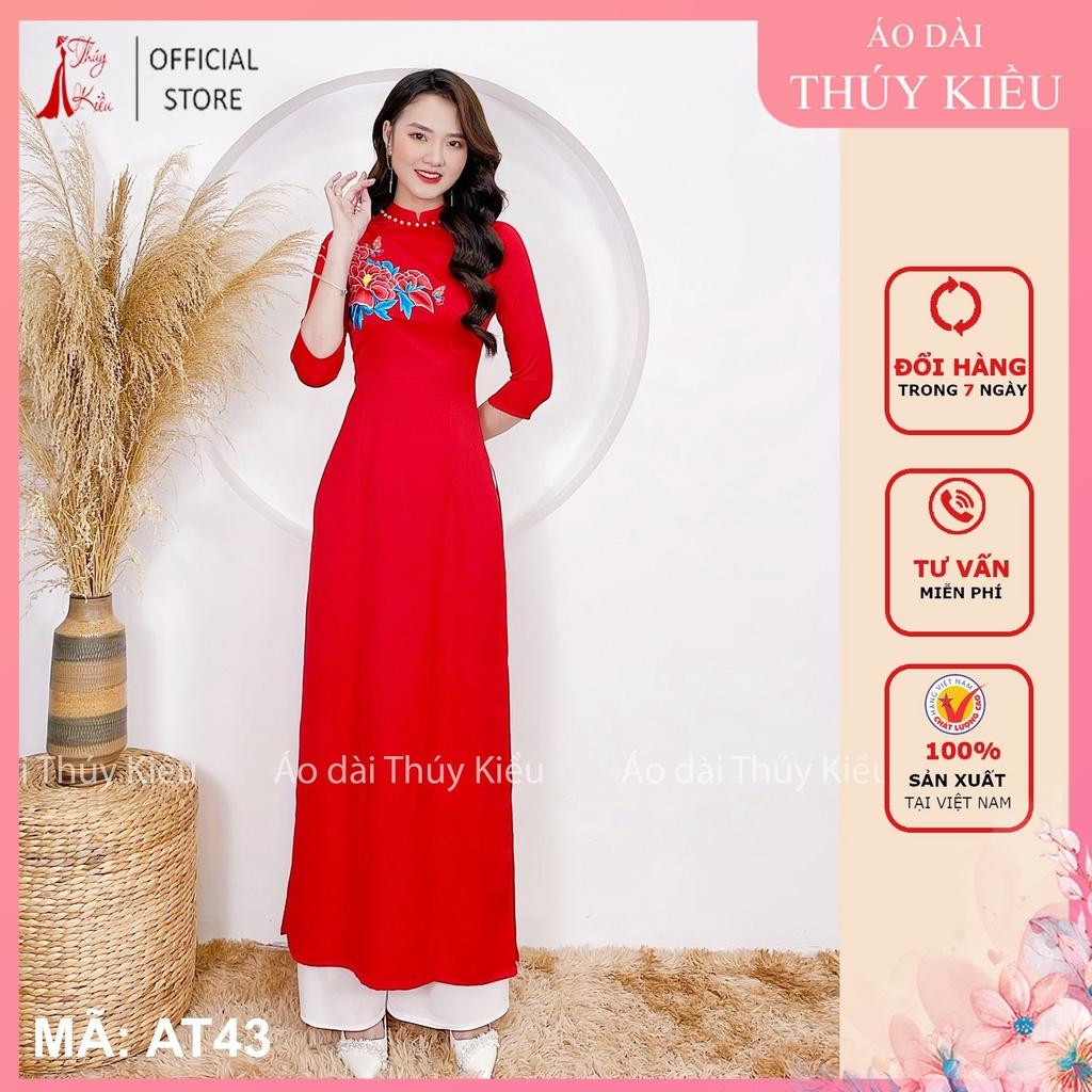 Áo dài tết thiết kế nữ may sẵn đẹp nền đỏ thêu hoa đính ngọc cách tân AT43 Thúy Kiều mềm mại co giãn