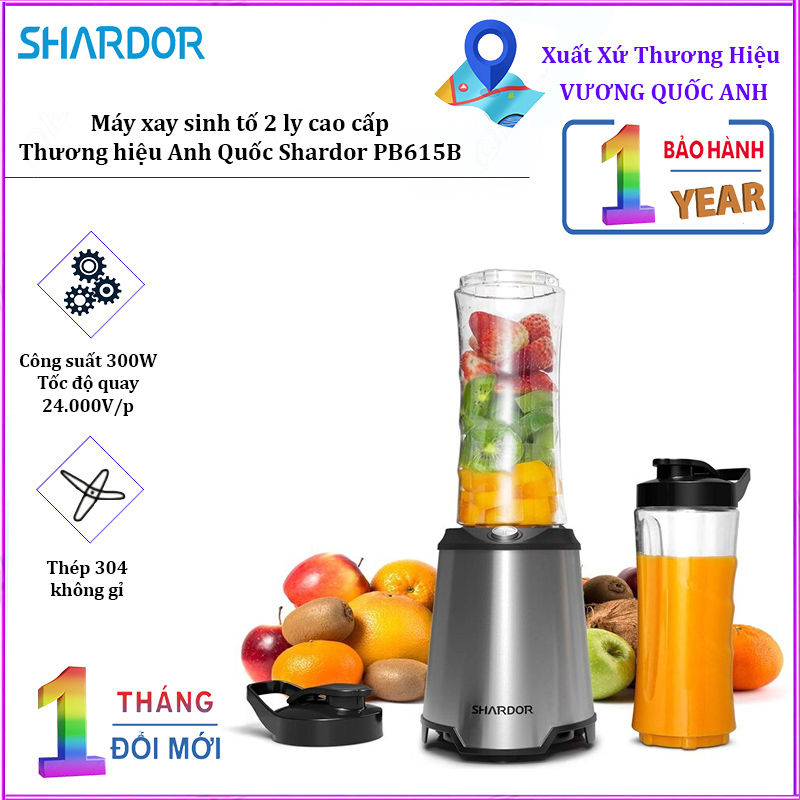 Máy xay sinh tố 2 ly nhãn hiệu Shardor PB615B công suất 300W, dung tích 600 ml - Hàng Nhập Khẩu