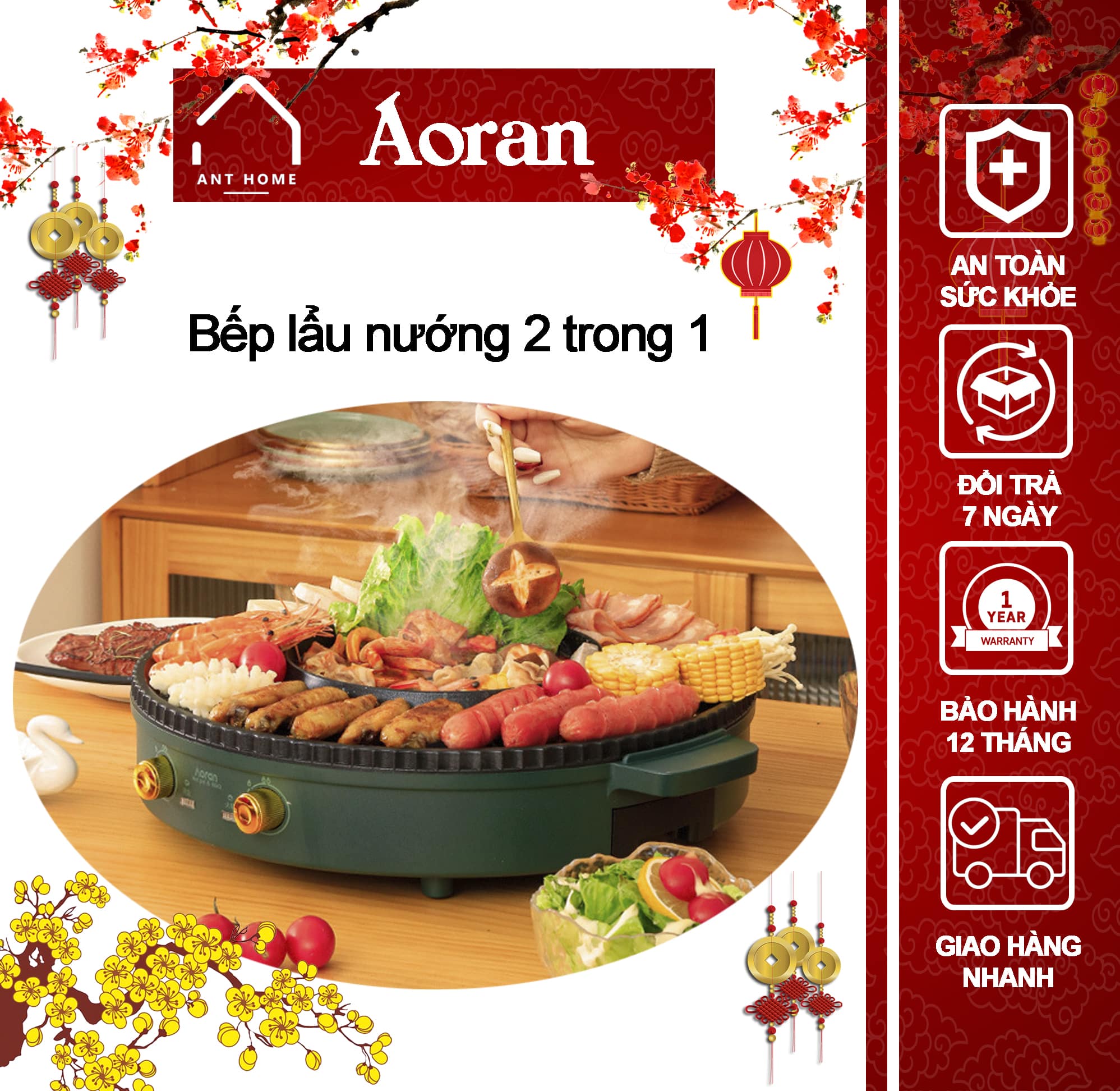 Nồi Lẩu Nướng Đa Năng 2 Trong 1  Aoran size to