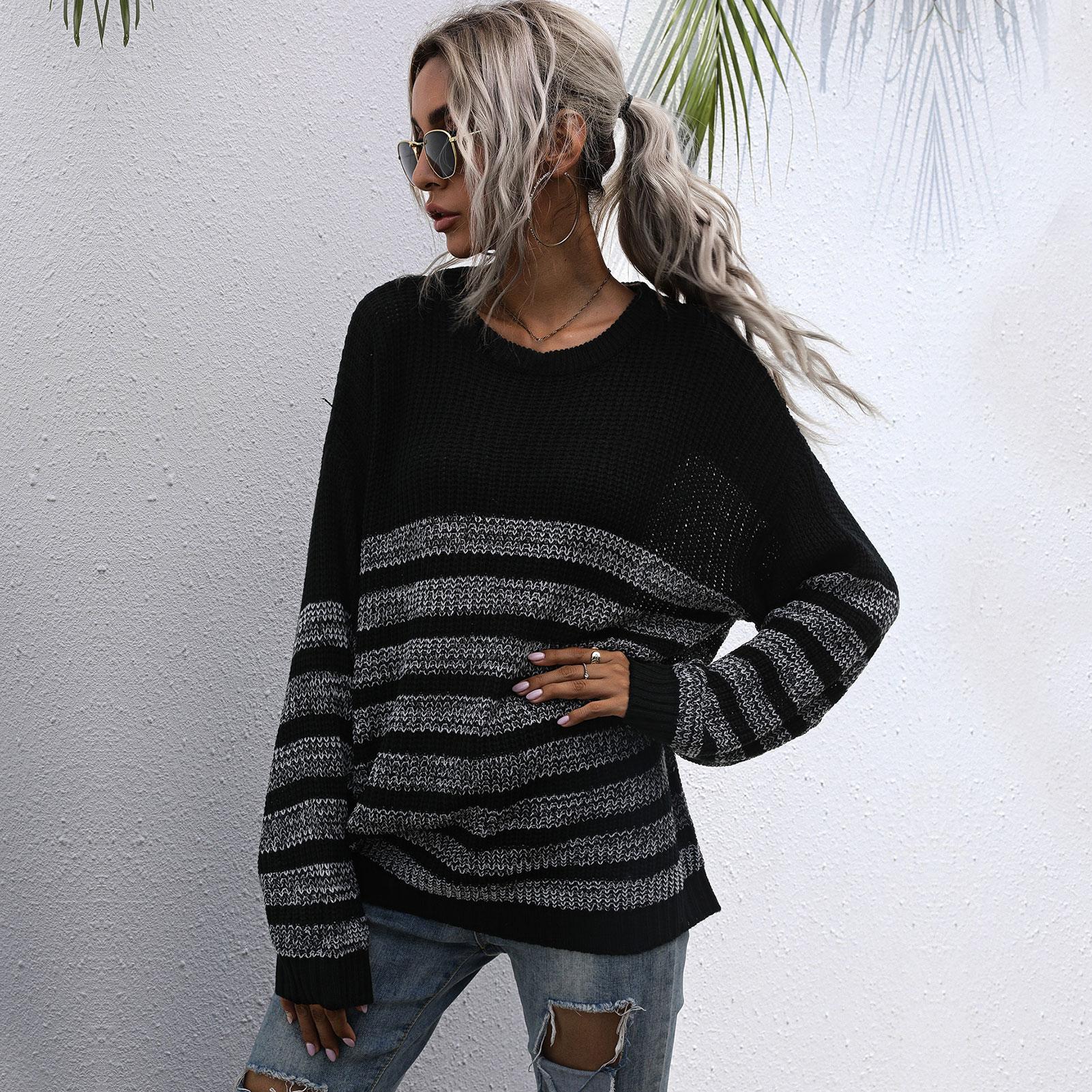 Women Loose Knitted Sweater Stripped Splicing Long Sleeve Mid-Length Pullover Tunics Casual Sweatshirt