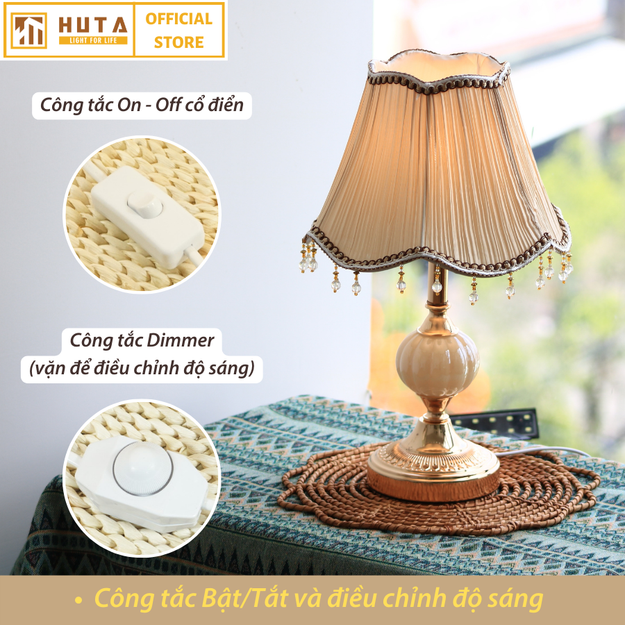 Đèn Ngủ Để Bàn Thép HUTA CD1 Sang Trọng Cổ Điển, Decor Trang Trí Phòng Ngủ, Khách Sạn, Điều Chỉnh Độ Sáng, Bóng Led Sáng Vàng Tiết Kiệm Điện