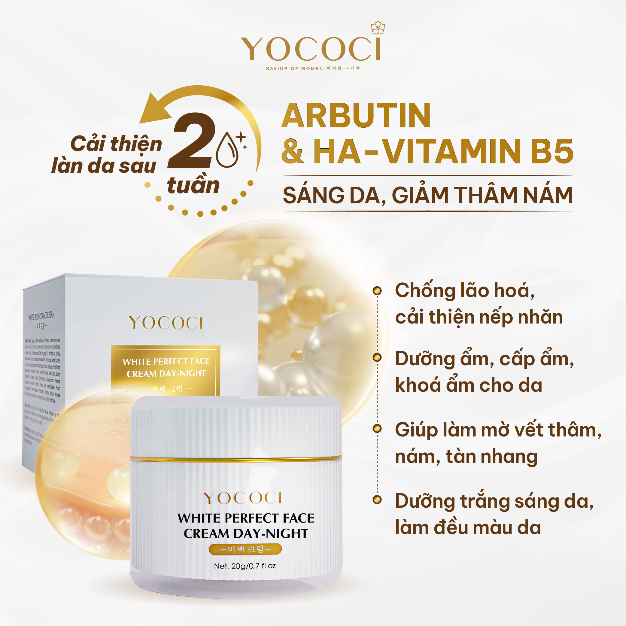 Kem dưỡng trắng da mặt Yococi giúp sáng da, ngăn chặn ánh sáng xanh White Perfect Face Cream 20g