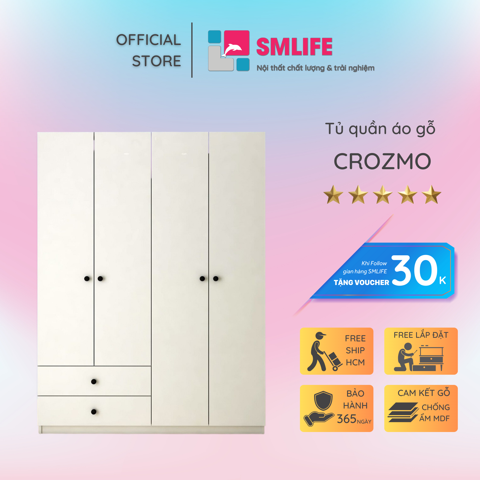 Tủ quần áo gỗ hiện đại SMLIFE Crozmo | Gỗ MDF dày 17mm chống ẩm | D120xR47xC180cm