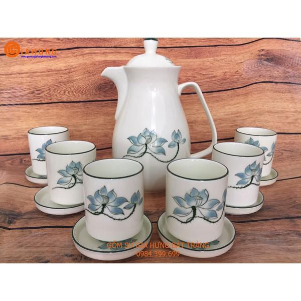 Bộ bình nước men kem vẽ sen xanh gốm Gia Hưng Bát Tràng