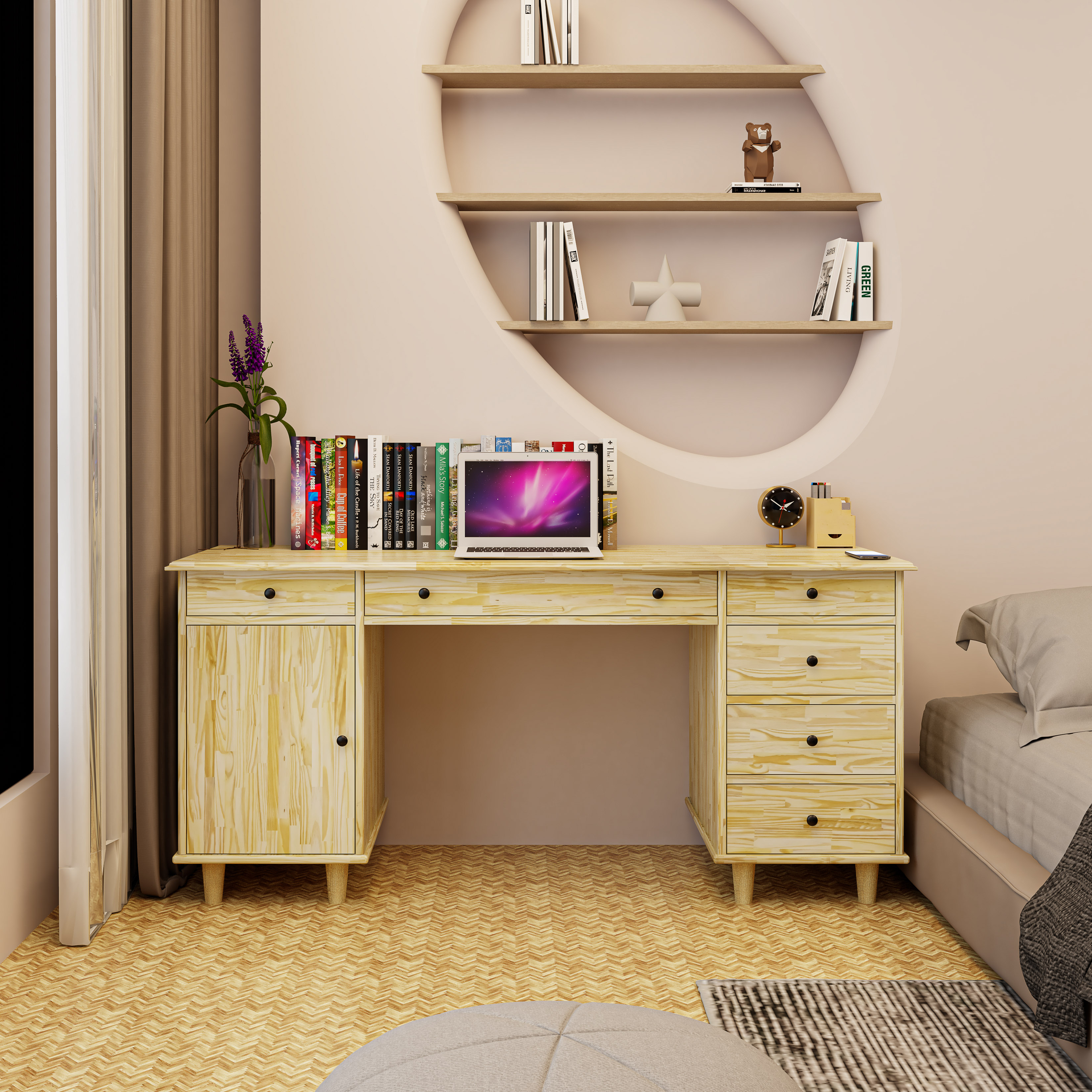 HAPPY FURNITURE , Gỗ tự nhiên , Bàn trang điểm 4 ngăn kéo - FARAH , BAN_098 , 110x45x75cm