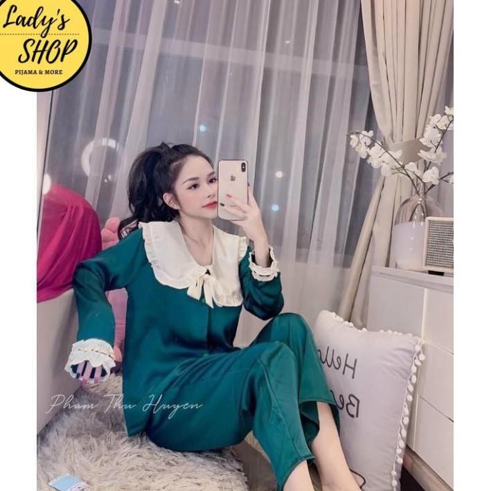 Freeship Bộ lụa Pijama - Bộ Lụa Tay Dài Tiểu Thư Cổ Phối Bèo Nơ