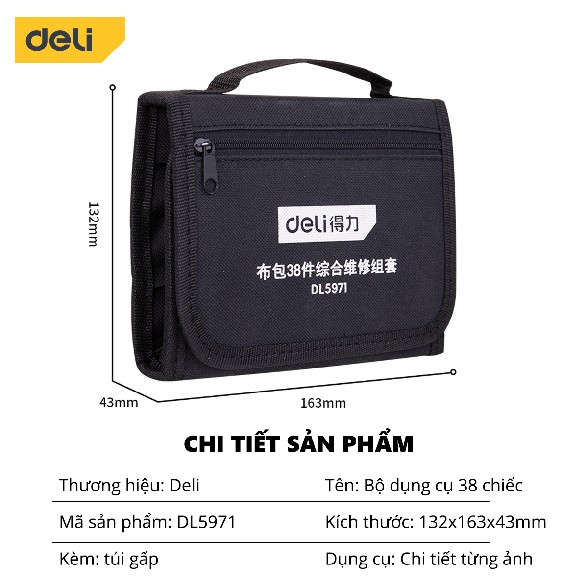 Bộ Dụng Cụ Sửa Chữa Deli 38 Chi Tiết Cao Cấp - Sử Dụng Nhiều Mục Đích - Túi Vải Tiện Lợi, Dễ Dàng Mang Theo - DL5971