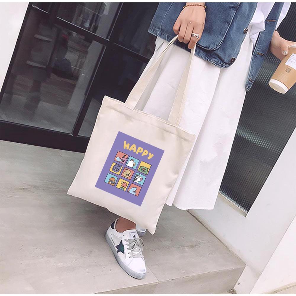 Túi Tote vải mộc GINKO Kiểu Basic có dây kéo khóa miệng túi đựng vừa laptop 14 inch và nhiều đồ dùng khác In Hình Cartoon M86