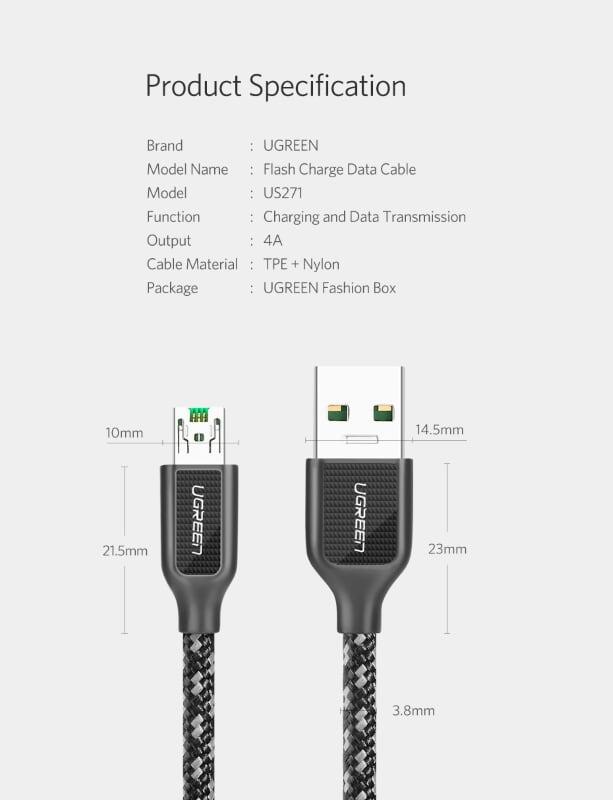 Ugreen UG50380US271TK 0.5M màu Đen Cáp sạc truyền dữ liệu USB 2.0 sang MICRO USB 4A võ hợp kim kẽm - HÀNG CHÍNH HÃNG