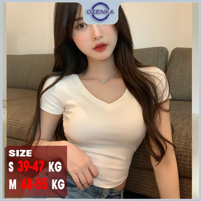 Áo croptop vạt bầu cổ tim tay ngắn ôm nữ ozenka , áo crt basic chất cotton màu đen trắng mặc đi học đi chơi dưới 55 cân