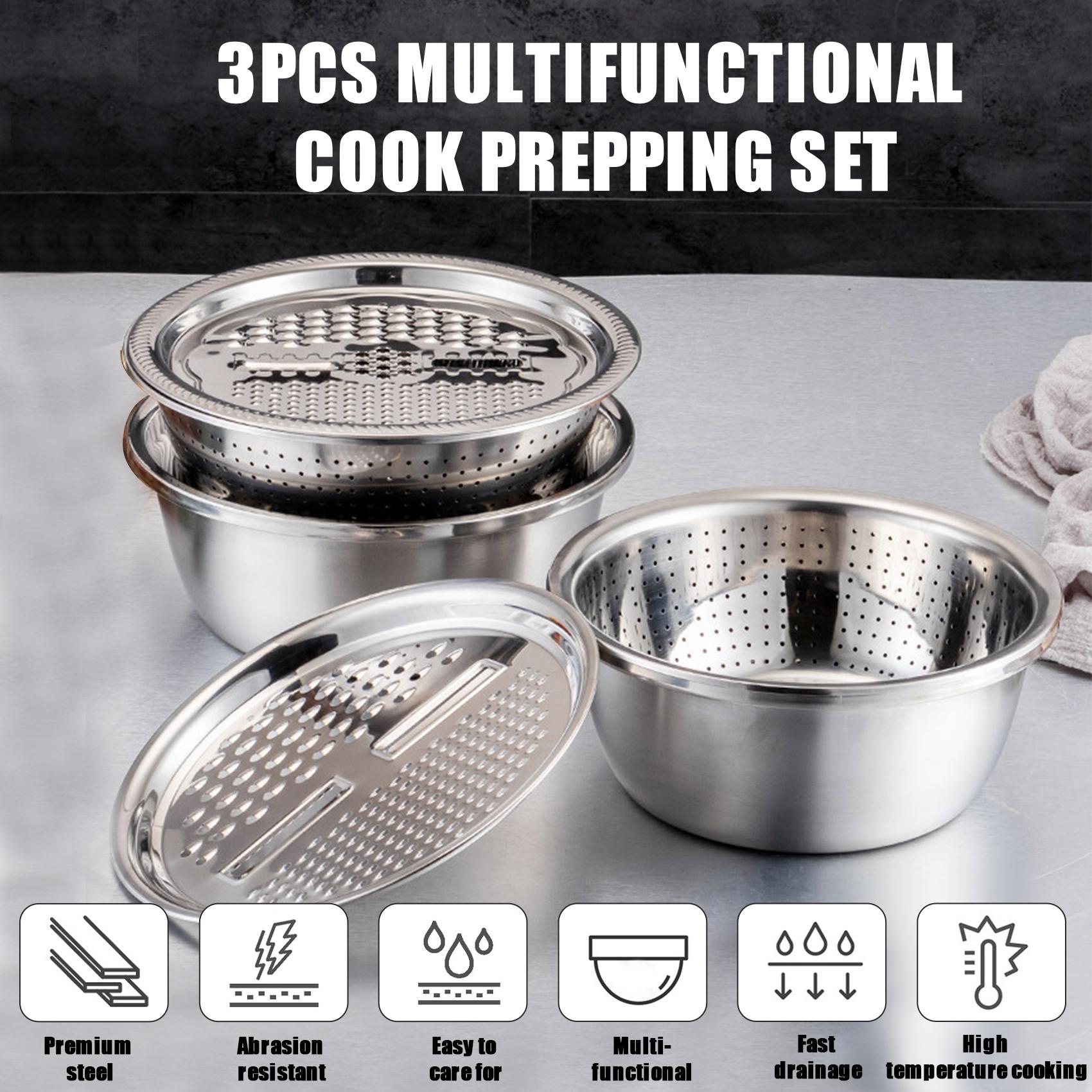 3 in 1 Kitchen Basin Grater Multipurpose Colander Slicer Cutter Shredder With Lid Stainless Steel Slicer