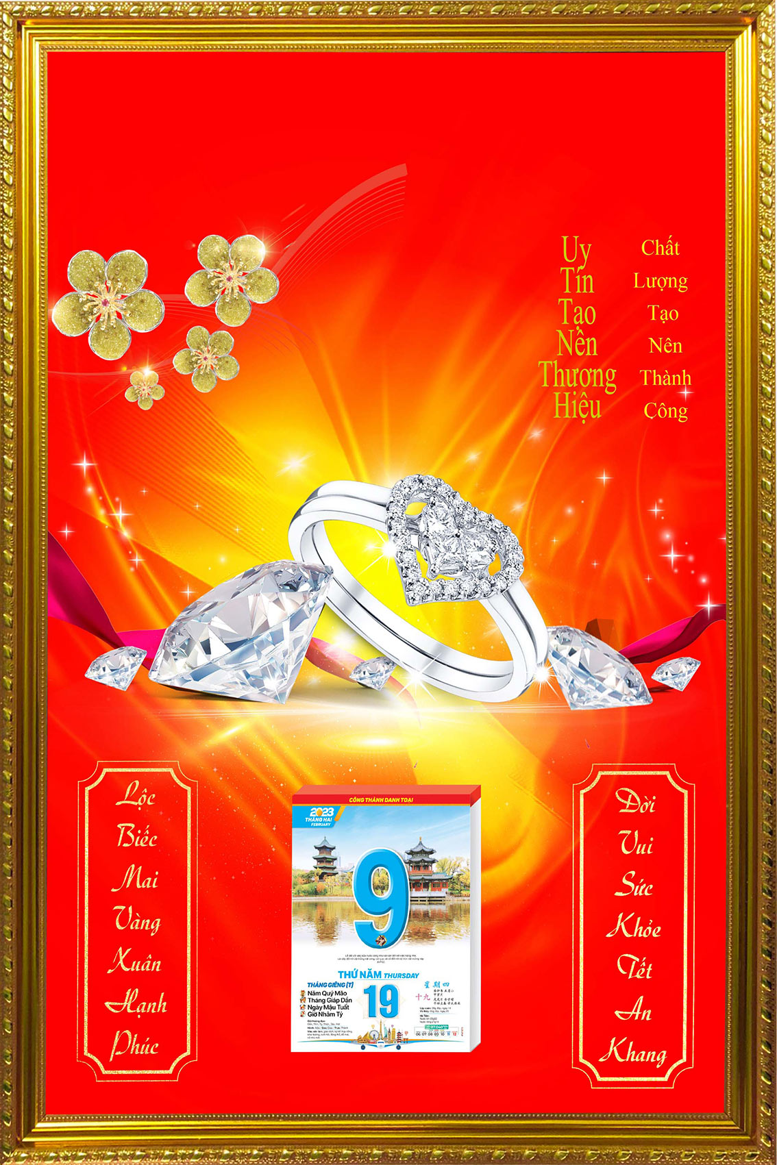 Lịch Gỗ Phù Điêu Khung Nhựa Xi Vàng, Mặt Tranh Tráng Gương Cao Cấp - Chủ đề Nữ Trang Tiệm Vàng