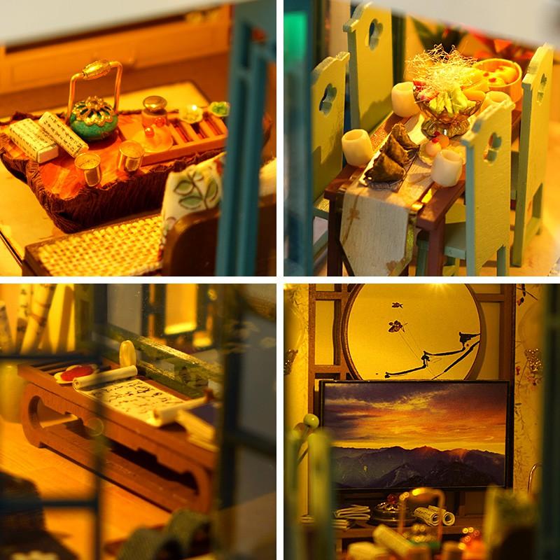 Mô hình nhà DIY Doll House Chinese Happy Restaurant Kèm Hộp nhạc và Mica Chống bụi
