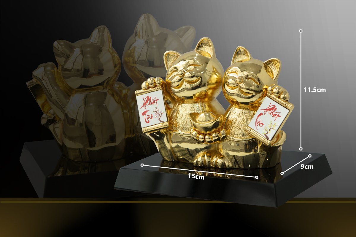 Tượng mèo thần tài mạ vàng "Phát tài- Phát lộc"