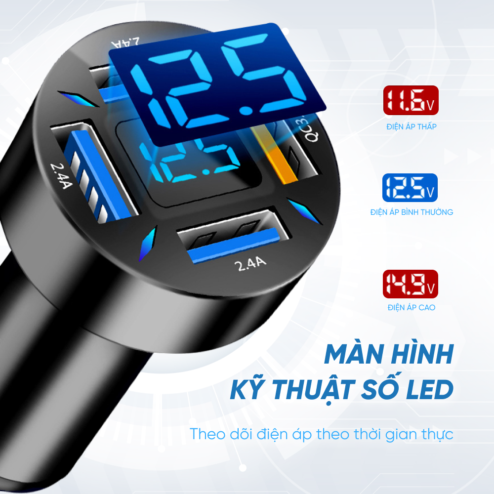 Tẩu Sạc Xe Ô Tô 4 Cổng USB Công Nghệ Sạc Nhanh QC 3.0A | Tẩu Sạc Điện Thoại Dùng Trên Xe Ô Tô 4 Cổng USB Sạc Được Nhiều Thiết Bị Cùng Lúc, Hỗ Trợ Sạc Nhanh QC 3.0A