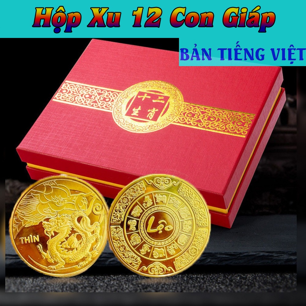 Hình ảnh Bộ Quà Tặng Hộp Xu 12 Con Giáp Phong Thuỷ May Mắn, chiêu tài chiêu lộc - Bản Tiếng Việt, Tiền lì xì tết 2023 , NELI