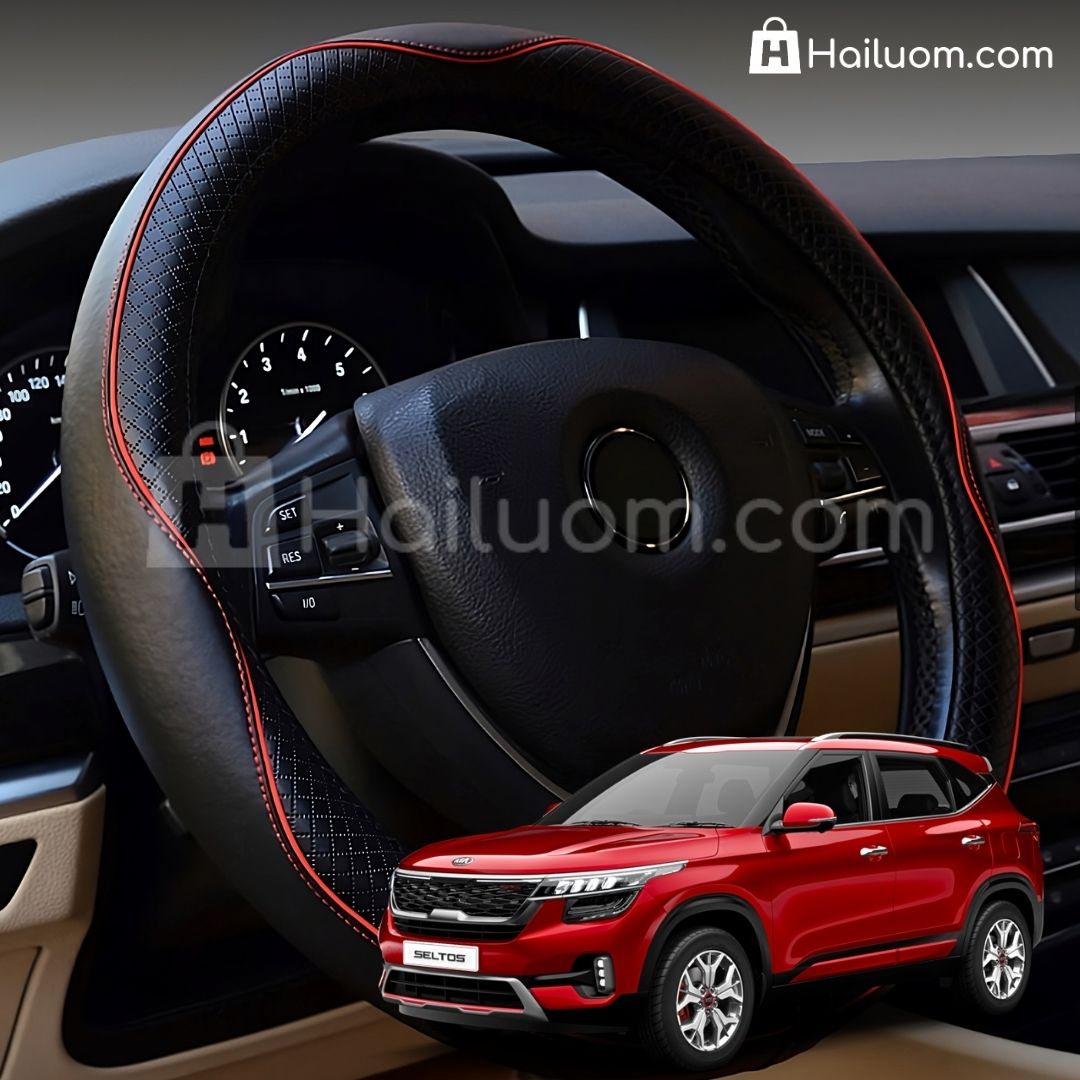 Bọc Vô Lăng ô tô cho KIA SELTOS Da Thật Cao Cấp - Màu Đen Chỉ Đỏ