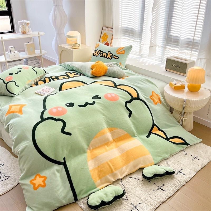 Bộ Chăn Ga Gối Nỉ Nhung Sữa Hàng Nhập Khẩu Cao Cấp 4 Món Hình Đáng Yêu Cho Các Bé