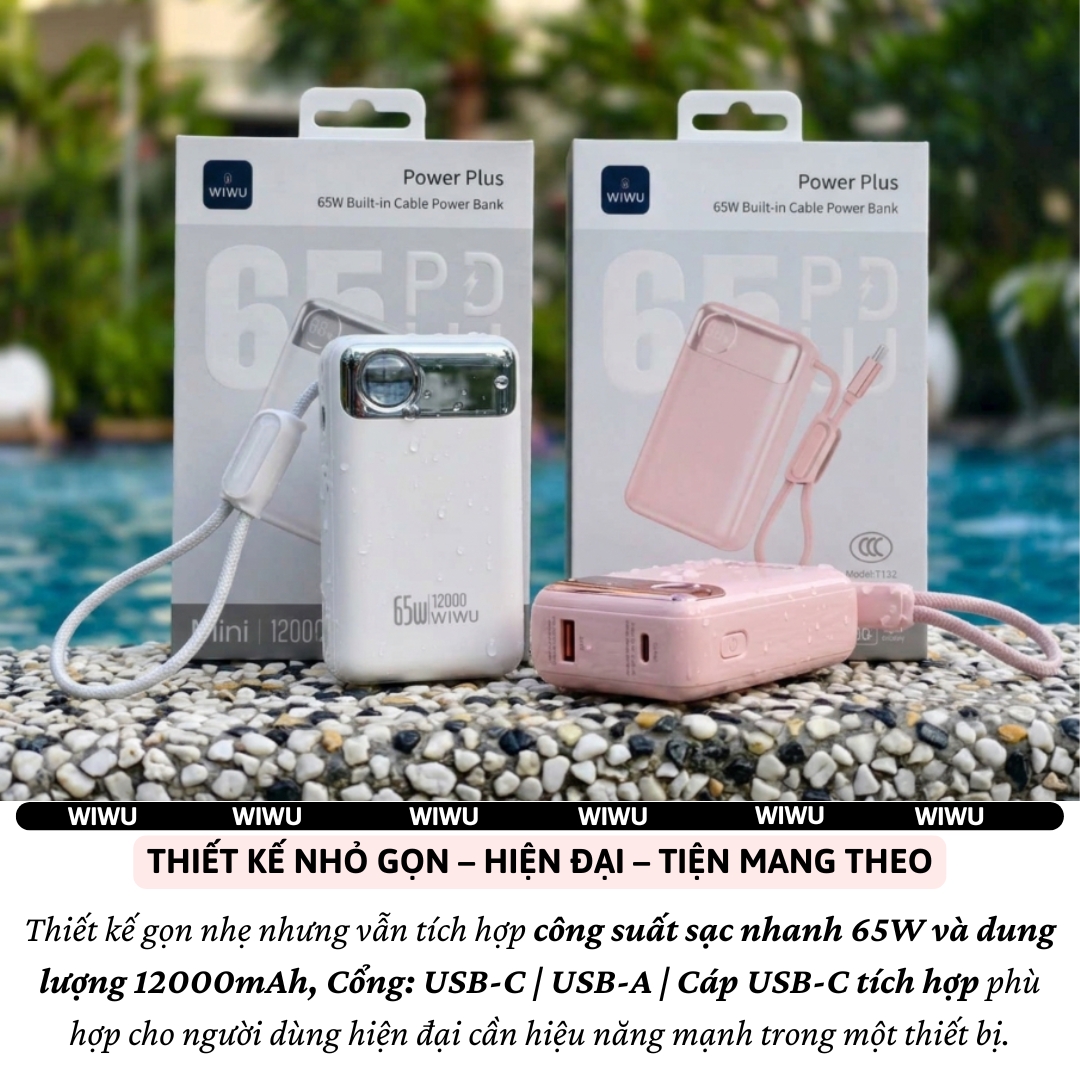 Pin sạc dự phòng PD 3..0 sạc nhanh 65W 12.000mAhtích hợp dây sạc Type C WIWU POWER PLUS Cho iPhone Laptop Macbook iPad - Màn hình hiển thị pin kỹ thuật số, Hệ thống bảo vệ đa tầng an toàn - Hàng nhập khẩu