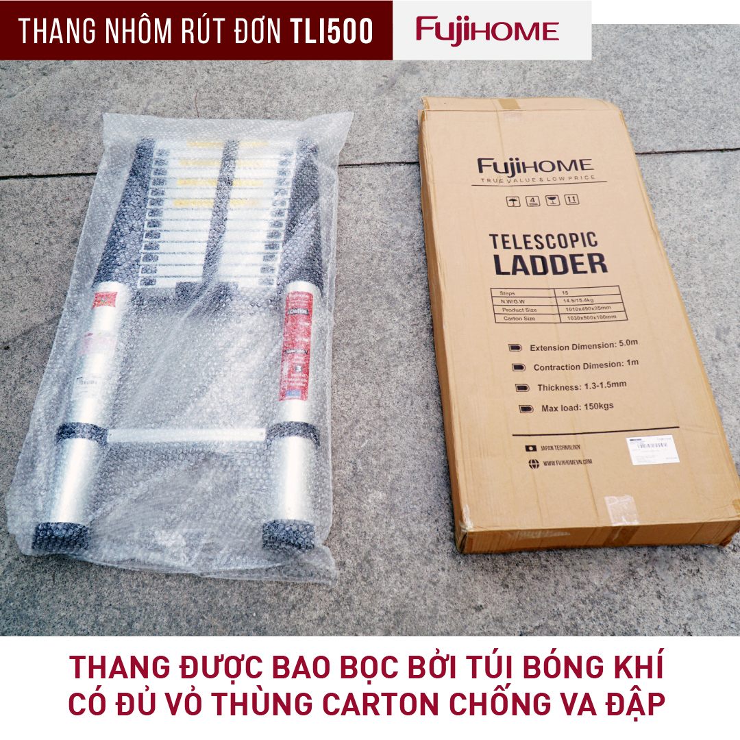 Thang nhôm rút đơn 5M gấp gọn Nhật Bản Fujihome chống trượt, thang rút gia đình xếp gấp gọn 5 mét đa năng có khóa an telescopic ladder