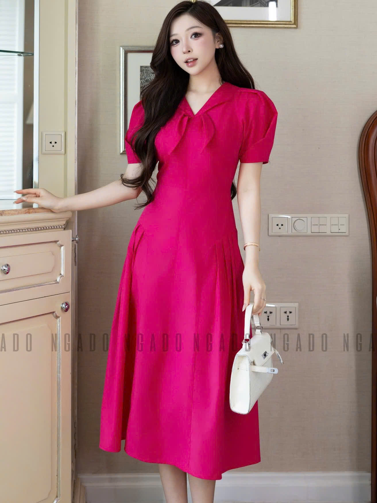 Đầm hồng sen tay phồng NGADO , đầm thiết kế Nữ , đầm công sở , dự tiệc