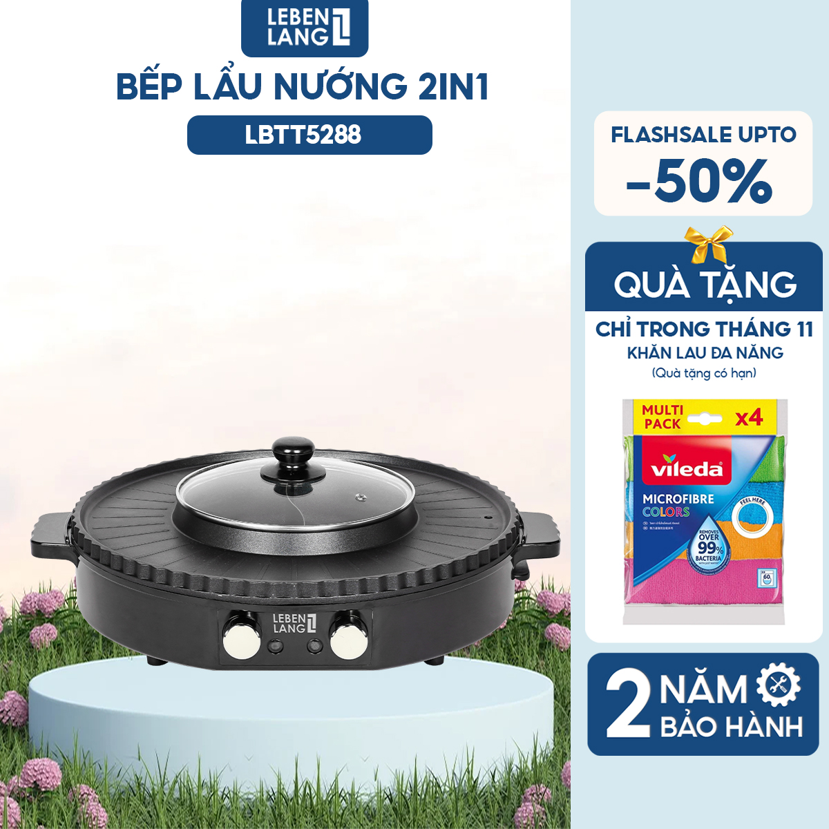Nồi lẩu điện 2 ngăn Lebenlang LBTT5288, bếp lẩu nướng 2in1 đa năng tròn loại to,công suất 1800W tiện lợi cho gia đình - hàng chính hãng