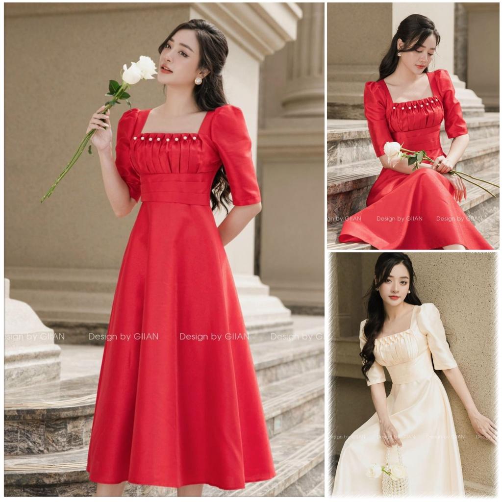 Đầm xoè cổ vuông tay phồng xếp ly ngực đính cườm sang trọng