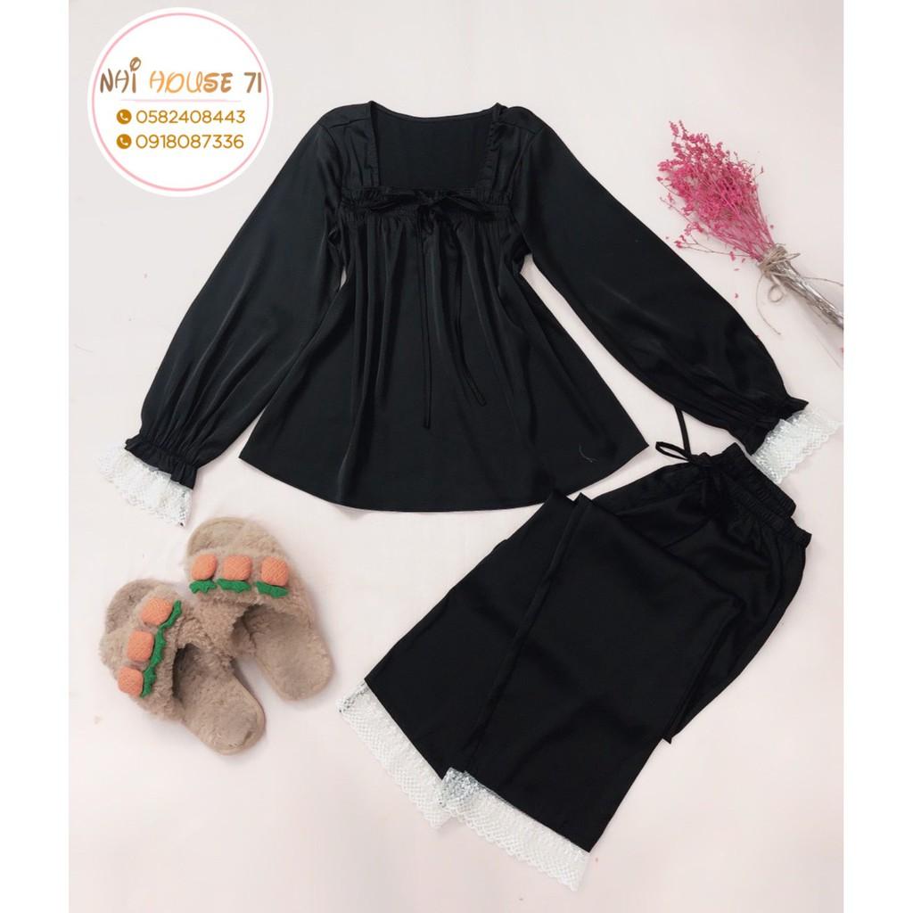 SET BỘ NGỦ PIJAMA TAY DÀI PHỐI REN CỔ U DỄ THƯƠNG LỤA LATIN TÔ CHÂU MỀM MỊN MÁT NHIHOUSE71 FREESIZE DƯỚI 6