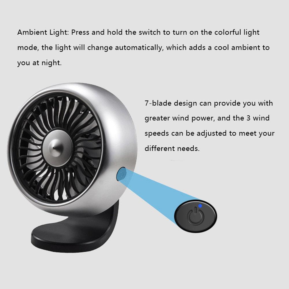 Car Fan Vehicle Air Circulation Cooling Fan Quiet Portable USB Electric Fan with 3 Speeds RGB Light for Car Truck SUV RV