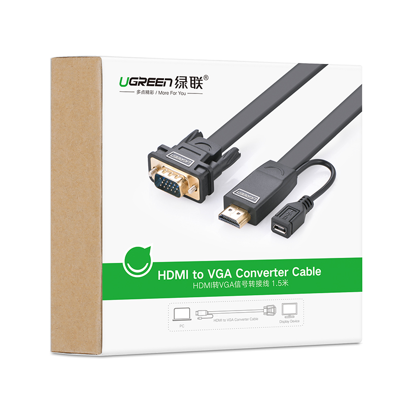 Cáp chuyển đổi HDMI sang VGA dạng dẹt + hỗ trợ nguồn cổng Micro USB dài 2m UGREEN MM101 40231 - Hàng Chính Hãng