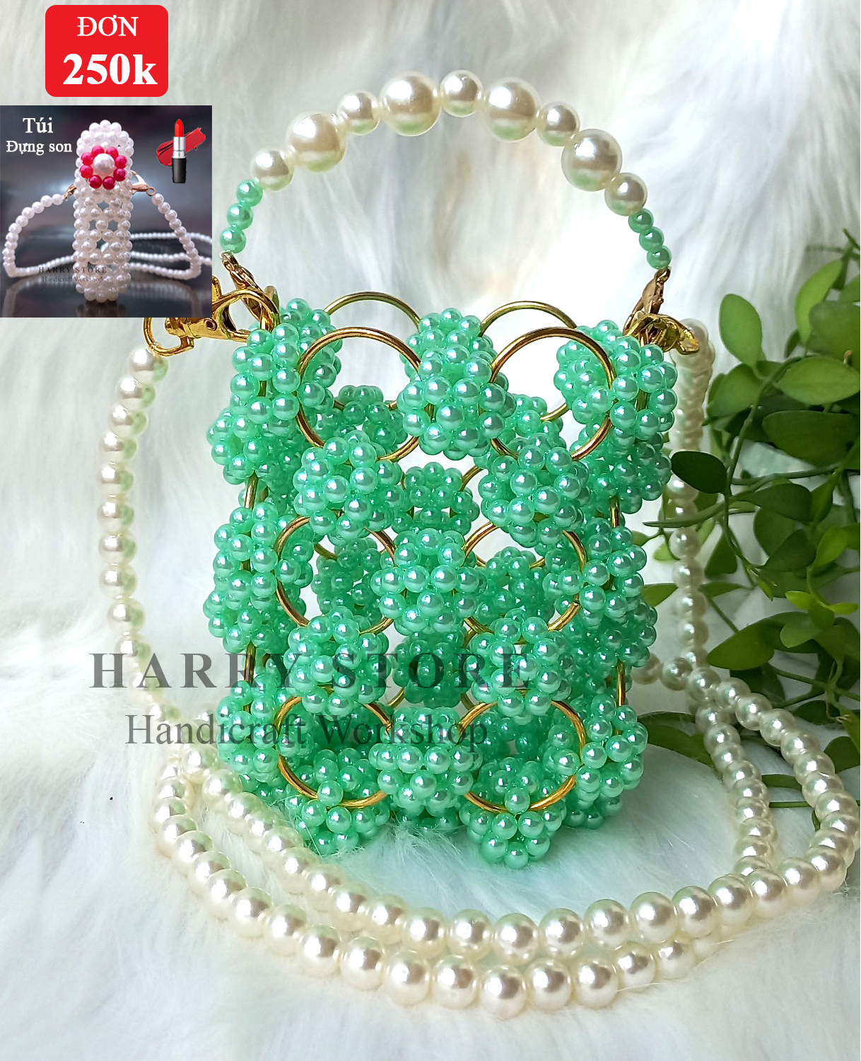 Túi handmade kết hạt ngọc trai HRRA-XN dây đeo dài 110cm, điểm nhấn sang trọng trong các buổi tiệc