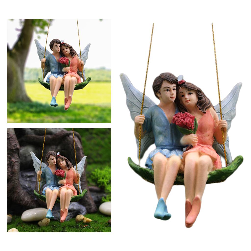 Romantic Fairy Garden Miniature Couple Figurines Flower Fairy with Angel Hanging Ornament Statues Decoration for Dollhouse Home Decor