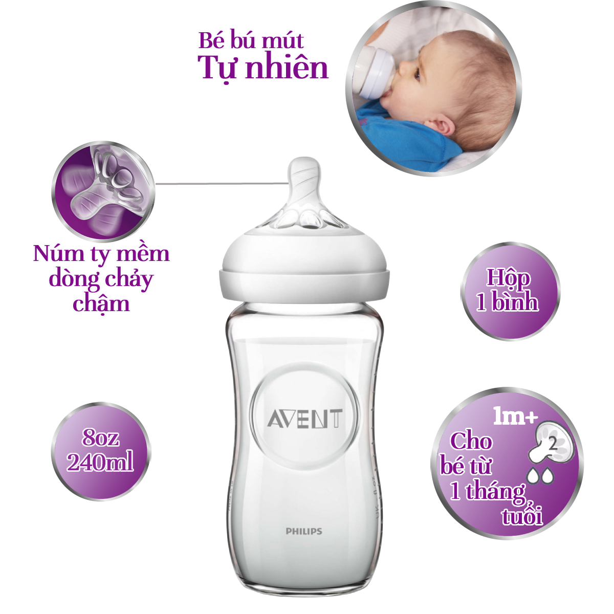 Bình sữa thủy tinh Philips Avent mô phỏng tự nhiên 240ml cho trẻ từ 1 tháng tuổi SCF673/13