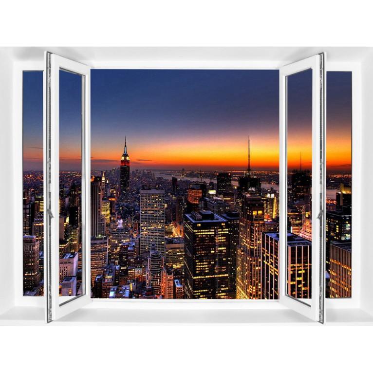 Tranh dán tường cửa sổ 3D cảnh thành phố về đêm 0259N